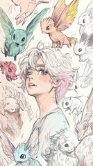 A drawing of a woman surrounded by animals
