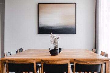 minimalist modern dining room interior with wooden table and black chairs