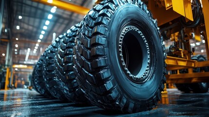 Fototapeta premium A close-up view of heavy-duty tires displayed in a factory, highlighting their rugged texture and durable design.