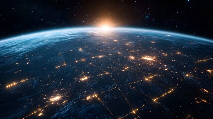 Planet Earth, city lights and cellular digital network growing binary data. 
