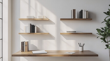 minimalist white wall with wooden shelves and books in home office setting