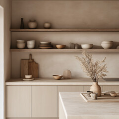 minimalist kitchen interior with beige cabinets, wooden shelves, and dried flowers in a vase