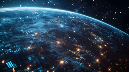 Planet Earth, city lights and cellular digital network growing binary data. 