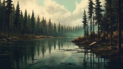 A serene landscape featuring a calm river surrounded by pine trees and soft clouds.