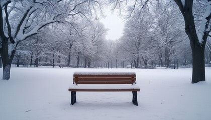 A serene winter park scene featuring a snow-covered bench amidst frosty trees, creating a peaceful, tranquil atmosphere.