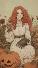 A woman with red hair holding a book in a field of pumpkins