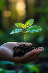 A hand holding a small plant in dirt