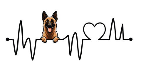 Heartbeat line with Belgian Shepherd Dog Peeking, Dog and Heartbeat frequency with Heart Love Vector illustration
