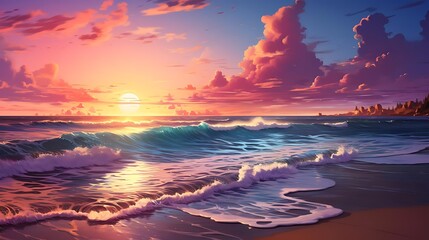 A vibrant sunset over the ocean, with waves gently lapping the shore.