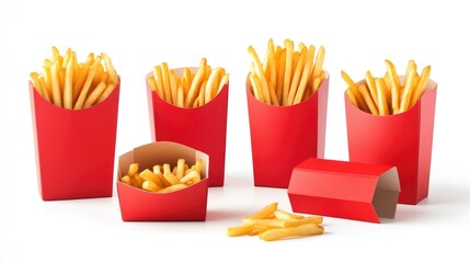 Collection of empty and full red cardboard boxes for French fries isolated on a white background