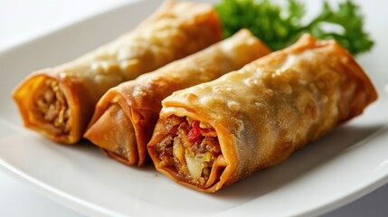 Delicious Asian style egg rolls served on a pristine white plate