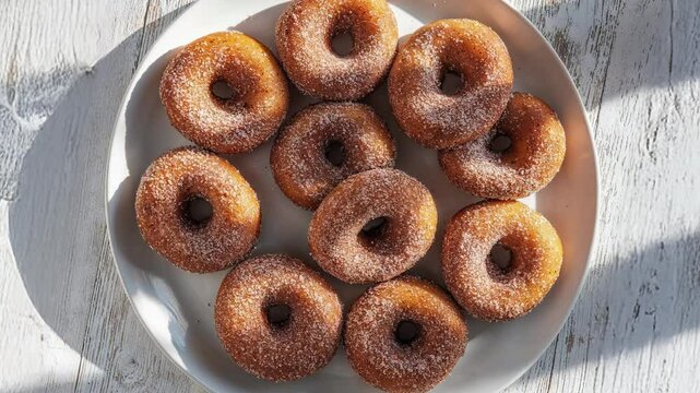 Plate of Sugary Mini Donuts on Wooden Table in Sunlight