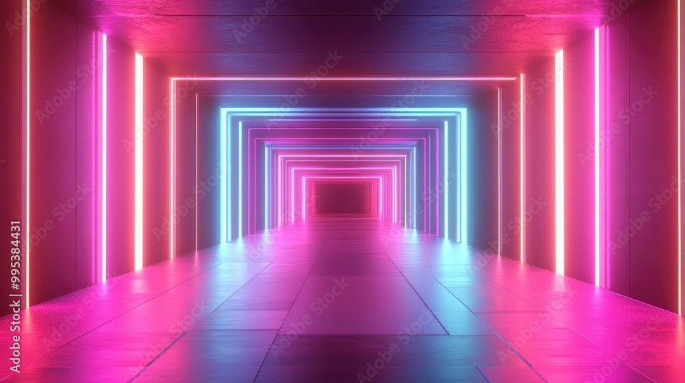 Poster multicolored neon tunnel with fiery light effects vibrant pattern background sci fi corridor with hy