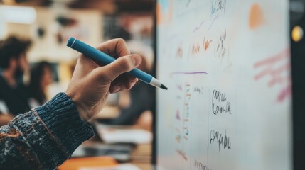 A hand holding a dry erase marker, writing notes during a collaborative session.