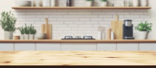Fototapeta premium Front View Of Contemporary Empty Wooden Table In Blurred Kitchen Setting