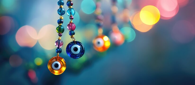 Colorful Evil Eye Bead String For Home Decor With Bokeh Background Vibrant Good Luck Beads For Protection Against Negativity And Attracting Fortune