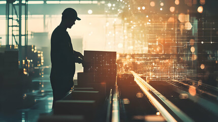 A silhouette of a worker handling boxes in a warehouse, highlighted by glowing digital elements that suggest modern technology and logistics.