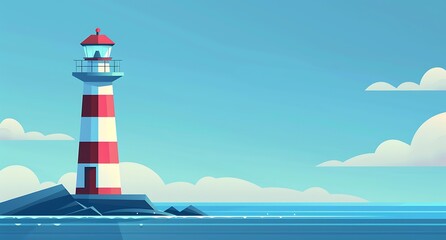 A stylized illustration of a red and white lighthouse on rocky outcrop with a sailboat nearby.