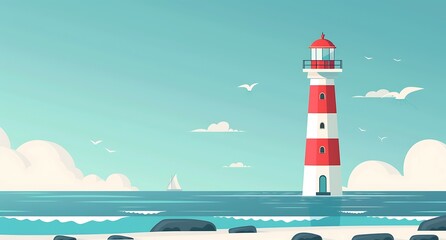 A stylized illustration of a red and white lighthouse on rocky outcrop with a sailboat nearby.