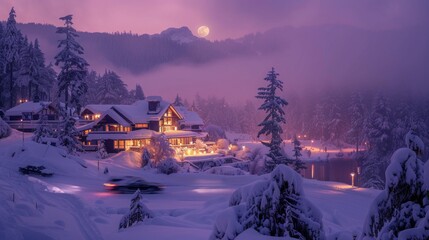 A snowy landscape with a house and a car in the foreground