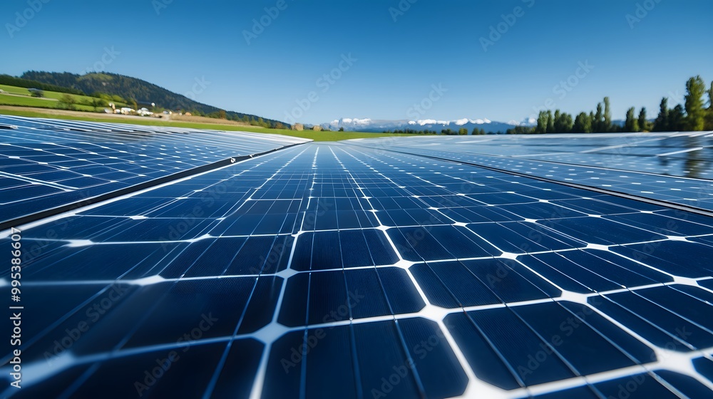Poster close-up of a solar panel array in a field with mountains in the background