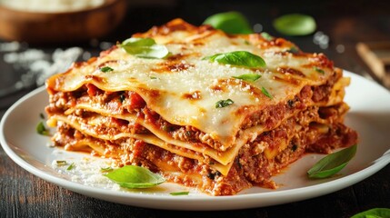 A plate of homemade Italian lasagna, served with fresh basil and Parmesan cheese.