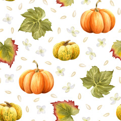 Watercolor pumpkins in orange and yellow colors with green leaves and white hydrangea flowers seamless pattern on white. Hand drawn autumn harvest background for Thanksgiving day greeting designs