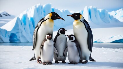 Fototapeta premium Experience the heartwarming beauty of this captivating image showcasing a family of penguins, including both adults and their adorable chicks, standing together on a stunning glacier.