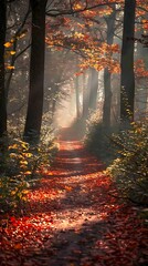 A serene forest path adorned with autumn leaves, inviting exploration and tranquility.