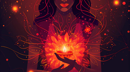 Happy Diwali wishes greeting card, Indian festival of lights with Indian woman holding candle with fire and flower, objects, concept for greeting poster, card, invitation or background