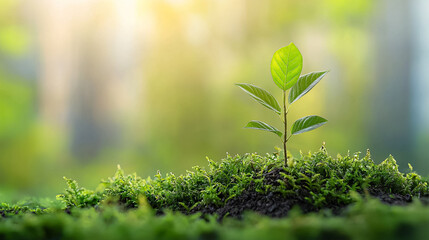 A small green plant is growing in a patch of moss