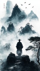 Chinese style ink painting, modern style teenager, rocks, trees, hazy smoke, birds, illustration, 3D relief, Enlarge the boy ::1 , 4k, ::1 