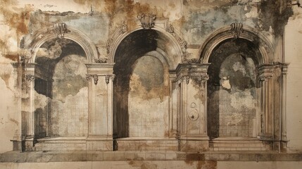 Naklejka premium Victorian plans for a public bathhouse, meticulously detailed on fragile, crumbling paper.