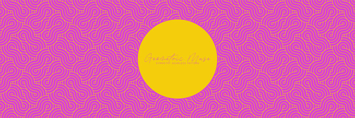 Asian geometric abstract vector seamless pattern with waves and curvy lines texture in pink yellow colors. Floral pattern for decorative wallpaper, festive backdrop, asian repeat graphic element