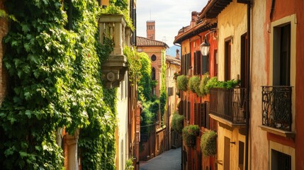Fototapeta premium A view of the historic streets of Verona, with Julietas balcony covered in ivy.