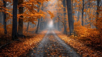 Obraz premium A serene autumn forest path lined with vibrant orange leaves and misty ambiance.