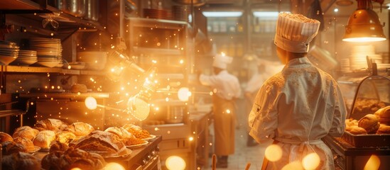 A baker in a bustling bakery with an AI assistant visualized as a holographic cookbook with an animated persona providing innovative recipes and techniques. AIG60