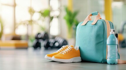 Gym bag packed with necessary fitness items, highlighting a pair of running shoes and a water bottle, ready for a workout, illustrating dedication to fitness and healthy living.