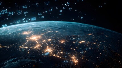 Obraz premium Planet Earth, city lights and cellular digital network growing binary data. 