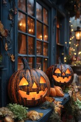 Obraz premium Glowing jack-o’-lanterns and eerie fog enhance the Halloween atmosphere with a spooky touch