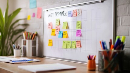 A whiteboard displaying a weekly project schedule with colorful markers and sticky notes.