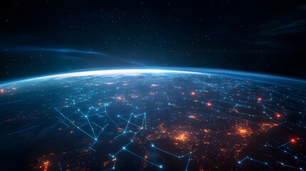 Planet Earth, city lights and cellular digital network growing binary data. 