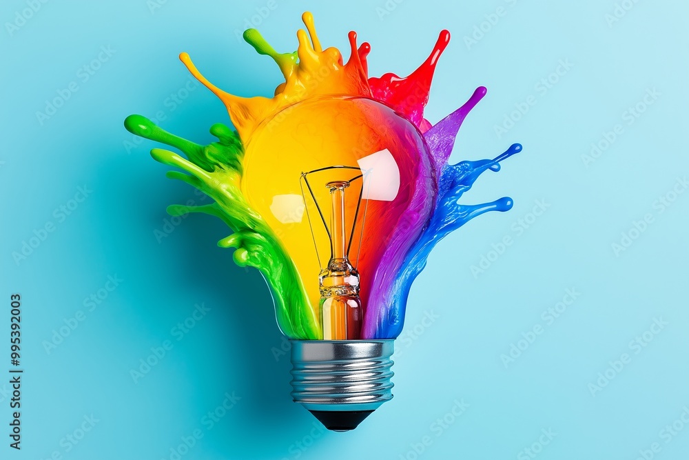 Poster light bulb with a rainbow inside of it. the light bulb is on the right side of the image. products o