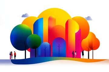 Colorful cityscape with people walking in the park. The buildings are multi-colored and the sky is filled with clouds