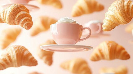 Floating abstract coffee cups, croissants, and pastries, creating a cozy bakery or cafe background with soft, inviting colors