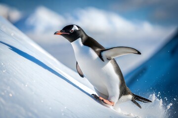 Obraz premium Gentoo penguin sliding on ice looking up