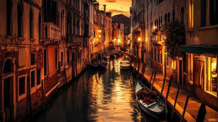 The canals of Venice at night, illuminated by street lights and reflections on the water.