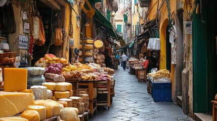 The colorful markets of Palermo, with vendors selling local cheeses, meats, and bread.