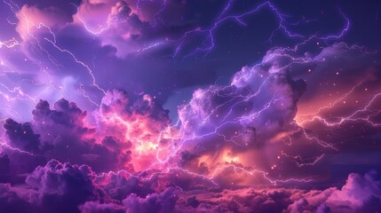 A purple and pink sky with many clouds and lightning bolts