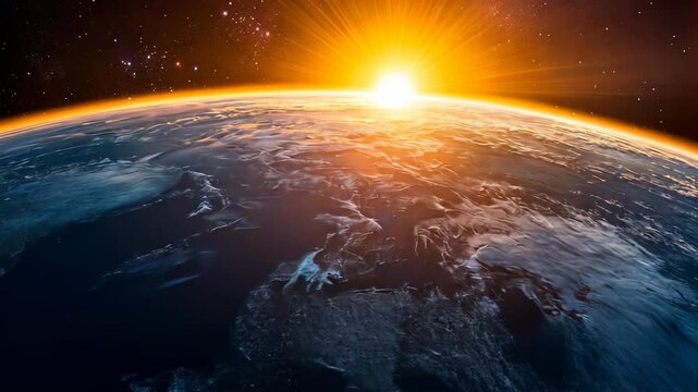 The sun rises over Earth, casting a warm glow on the planet's surface